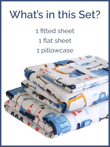 Image of Kids Twin Size Truck Bed Sheets - 3 Piece Kids Truck Sheet Set - Builder Vehicle Bedding - Ultra-Soft, Cute & Cozy - Breathable & Machine Washable - Digger Bed Set for Boys, Girls, Teens & Toddlers