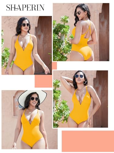 SHAPERIN Women One Piece Swimsuit Tummy Control Bathing Suits Sexy Deep V Neck Spaghetti Strap Push Up Swimwear Monokini Plus Size Yellow 2XL — view 4