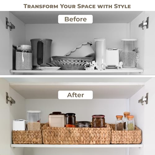 Image of KOKODO Rectangular Wicker Storage Baskets for Shelves, Set of 3 Water Hyacinth Woven Bins with Handles, Open Front Pantry Shelf Organizer for Closet, Bedroom, Boho Decorative, Natural