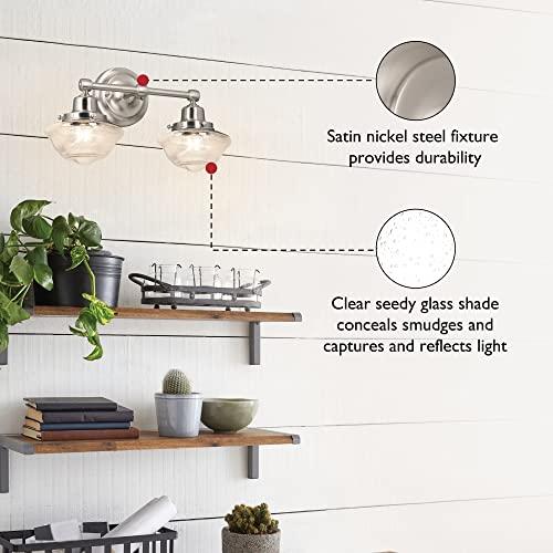 Image of Design House Vintage-Inspired Schoolhouse 2-Light Dimmable Vanity Light, 16.875 in x 7.625 in x 9.5 in, Satin Nickel, Clear Seeded Glass Shades, 589135-SN