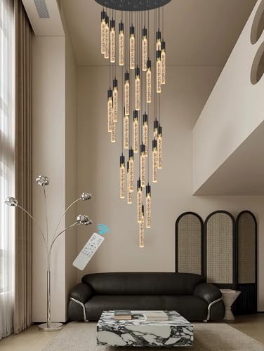 Gran candelabro de cristal negro para techos altos - 28 luces iluminación colgante con regulable 2700K-4500K-6000K Ideal para vestíbulos y escaleras en espiral de 12 pies de largo