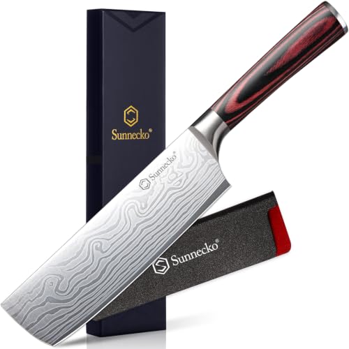 Image of Sunnecko Nakiri Knife - 7 inch Kitchen Knife for Meat Cleaver and Vegetable Chopping, 12 Edge Razor Sharp High Carbon Stainless Steel Asian Chef Knife with Sheath, Kitchen Gift for Home Cooks Men