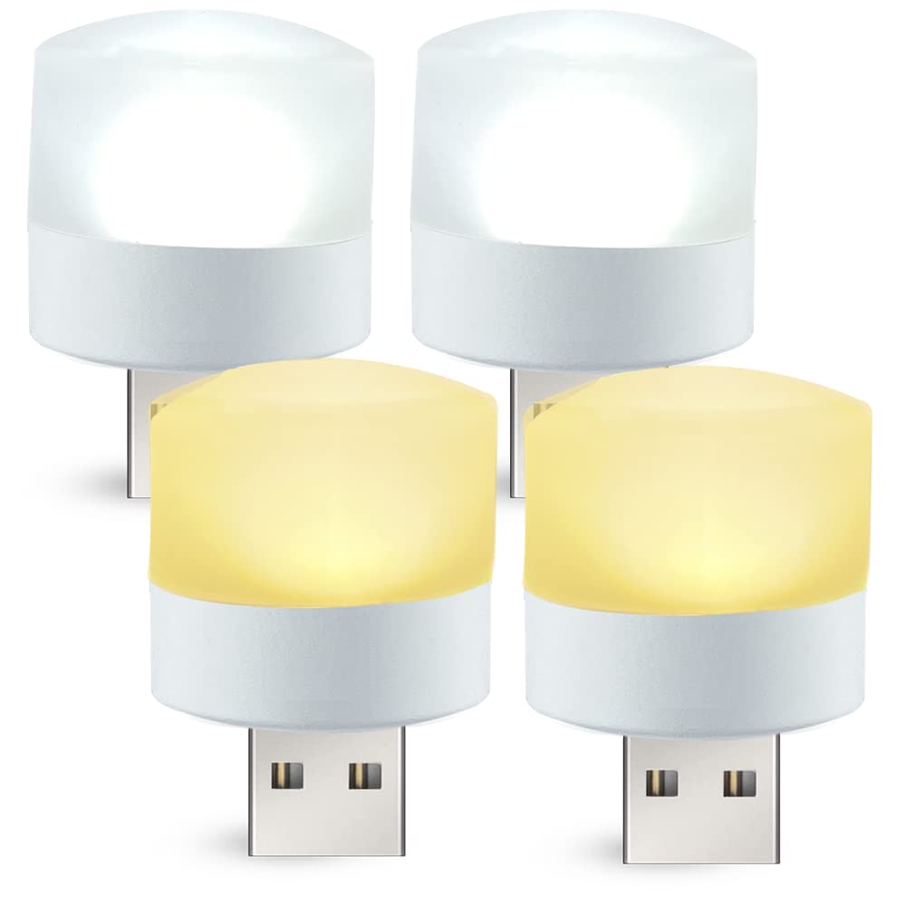 Round Mini USB Lamps, Warm White, Cool White LED Lights for Home Use, Camping, Car Interior, DC 5V, 4-Pack