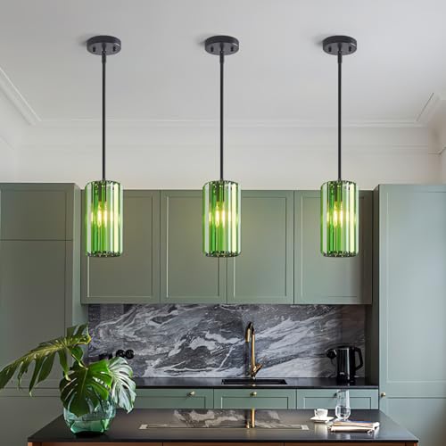 Image of Modern Crystal Pendant Light Mini Dark Green Chandeliers Adjustable Pendant Lights Fixture for Kitchen Island Dinning Room Corridor Bedroom(Dark Green 2-Pack)