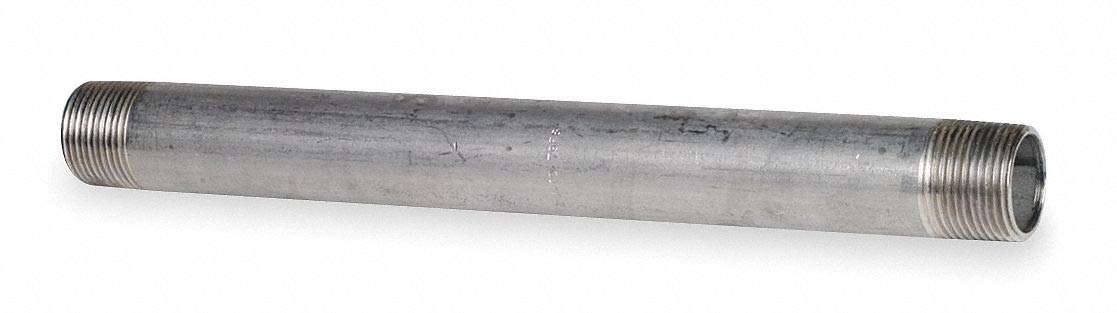 Pipe Schedule 40,1/2 in X 9 in 304 Stainless Steel Nipple, Threaded On Both Ends-2040004890