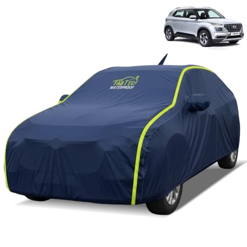 Image of FABTEC Waterproof Car Body Cover for Hyundai Venue Outdoor /Indoor All Weather Protection with Mirror & Antenna Pocket Triple Stitched (Premium Navy Blue with Neon Piping)