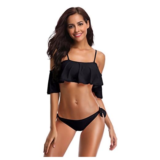 SHEKINI Sexy Costumi da Bagno Flounced Halter Bandeau Due Pezzi Bikini Donna Mare Reggiseno Imbottito Bathing Suit Ruffle Strap Triangolo Ruched Bottom Regolabile Swimwear (Small, Nero)