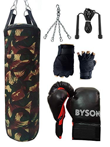 Image of Byson New Army Boxing Kit Set for Men and Senior (36inch Punching Bag, 14oz Boxing Gloves, Hand Wrap, Chain, Skipping Rope) Heavy Bag