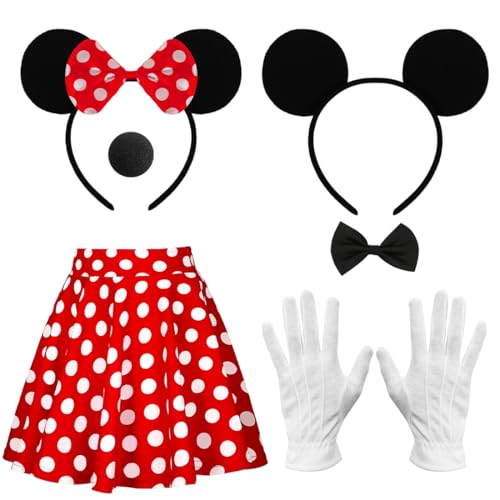 Sprinlot Damen Mouse Kostüm, Rote Rock mit weiß Gepunktet, M-Größe Tutu mit Nase Handschuhe Fliege Schleife, 6-Teiliges Rote Schleife Maus Haarreifen für Fasching Karneval Halloween Cosplay Party C5