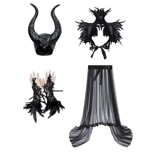 Disfraz Malefica Mujer: Reina Bruja Malvada Vestido Gótico Maléfica para Adulto con Cuernos Negro Plumas Capa y Guantes para Halloween Carnaval Fiesta de Cosplay Costume Medieval