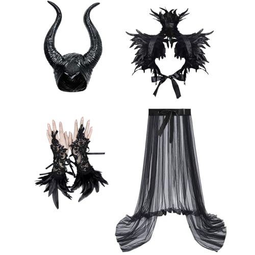 AOLIUP Disfraz Malefica Mujer: Reina Bruja Malvada Vestido Gótico Maléfica para Adulto con Cuernos Negro Plumas Capa y Guantes para Halloween Carnaval Fiesta de Cosplay Costume Medieval