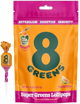8Greens Supergreens Lollipops | Super Greens Suckers, Greens Powder, Gluten-free, Vegan, Non-GMO Natural Tropical Citrus flavor, 10 Count