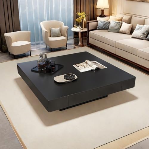 Image of WOODEN SPACE Eclipse Modern Center Table | Premium Square Coffee Table | HDHMR & Wood | Matte Black Finish | Storage Center Table for Living Room