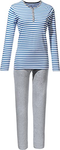 Erwin Müller Damen Schlafanzug Pyjama Zweiteiler Nachtwäsche Single-Jersey Streifen blau Größe 44 weich und hautfreundlich Knopfleiste am Oberteil