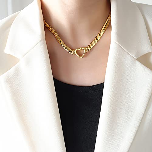Loqimu Flat Cuban Link Chunky Chain Necklace Gold Stainless Steel Hollow Heart Charms Choker Clavicle Jewelry for Women Teen Girls3