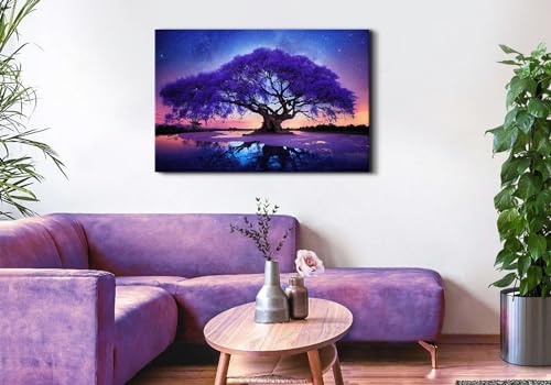 Image of Purple Tree Landscape Wall Art Blue Starry Night Picture Artwork for Living Room Wall Decor Abstract Nature Scenery Canvas Print Painting for Modern Bedroom Bathroom Home Office Decoration 24x36 inch