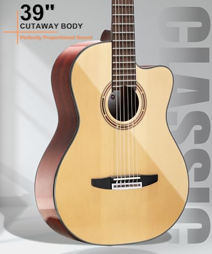 Image of AKLOT 39 inch Cutaway Classical Guitar: Spruce Top with Mahogany Back & Sides, Nylon Strings with Wound Bass Strings, Full Size Acoustic Classical Guitar Set with Bag, Tuner, Capo, Strings & Picks(BZ-SG)