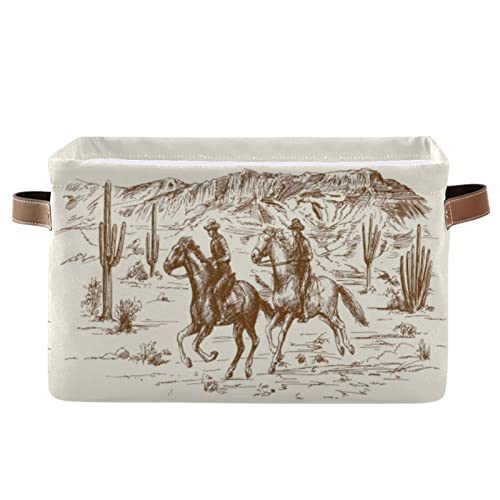 Cowboy Storage Basket Western Desert Cowboy Storage Bin Collapsible Large Storage Baskets With Leather Handles Storage Cube Box Organizer For Closet Toys Gift Basket,1Pc #TOP1