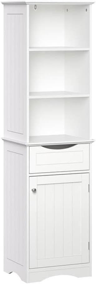 White Ashland Bathroom Freestanding Storage Cabinet with Three Open Shelves and Drawer