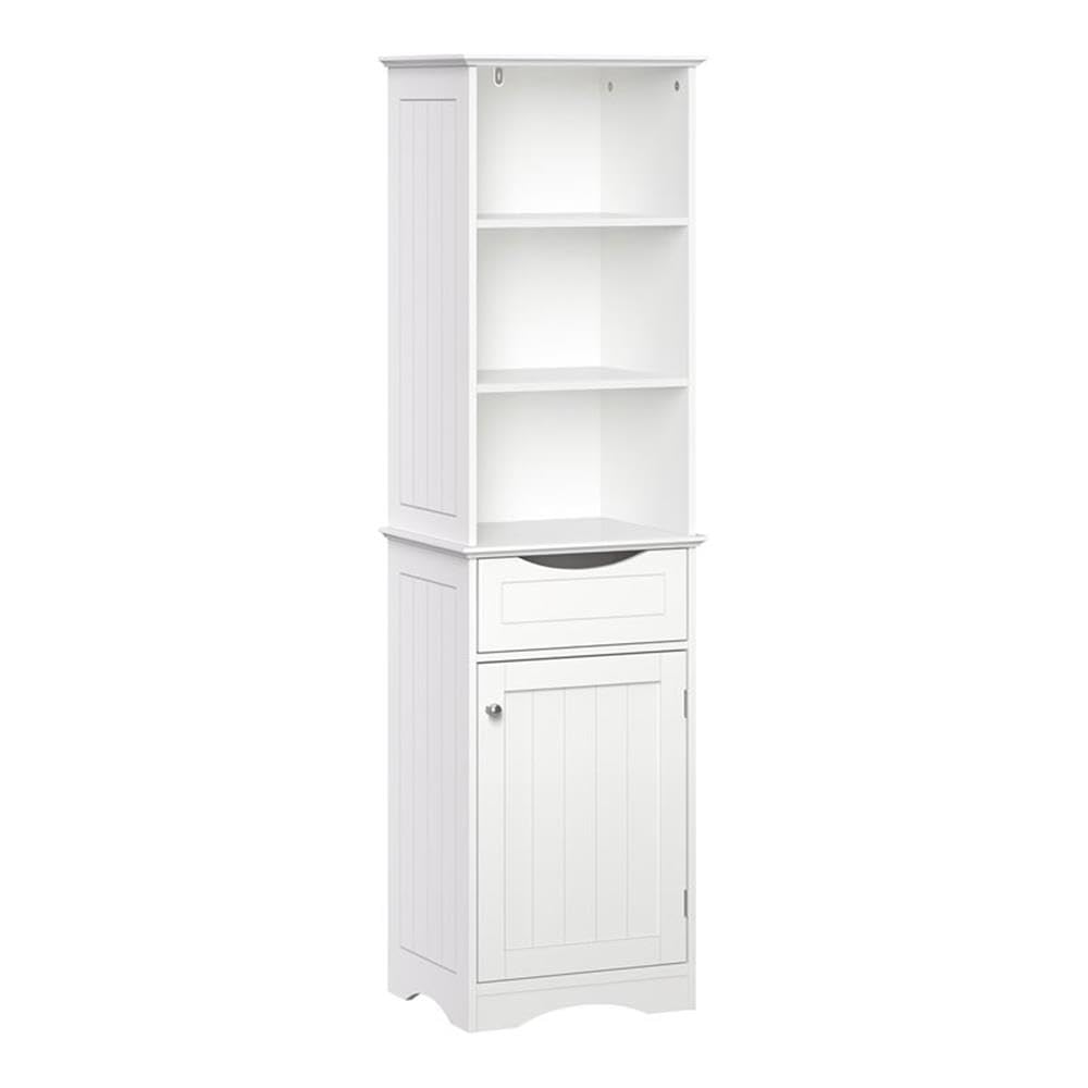 White Ashland Bathroom Freestanding Storage Cabinet with Three Open Shelves and Drawer