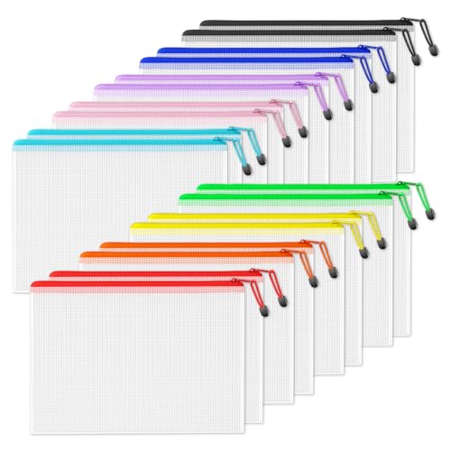 Image of SUNEE Plastic Mesh Zipper Pouch 11x16 in (9 Colors, 18 Packs),Extra Large Water-Resistant Zip Bag for School Office Supplies, Puzzles & Games Organizing Storage
