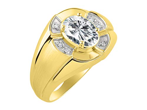 Image of Rylos Yellow Gold Plated Silver Men's & or Ladies Ring with 8X6MM Oval Gemstone & Diamonds - Unisex Color Stone Birthstone Ring Sizes 7-13