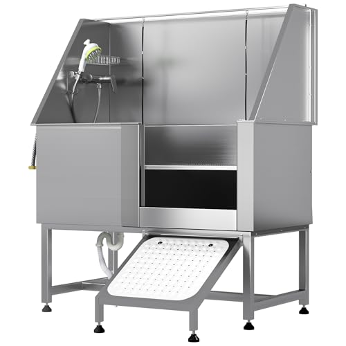 JFHID Professional Stainless Steel Dog Washing Station for Large, Medium, and Small Dogs, Height Adjustable Dog Bathtub with Ramp, Pet Grooming Bath Tub for Indoor Outdoor, 50”