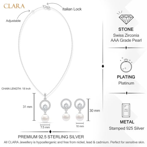 Image of CLARA 925 Sterling Silver Dante Pearl Pendant Earrings Chain Jewellery Set