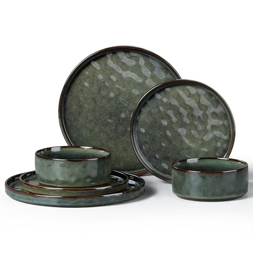LIANYU 6 Pieces Stoneware Dinnerware Set, Dishes Set for 2, Moss Green