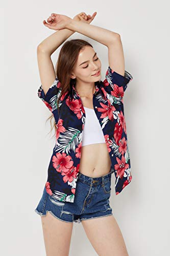 SSLR Women's Printed Short Sleeve Casual Button Down Hawaiian Shirt (Large, Navy(668-65))