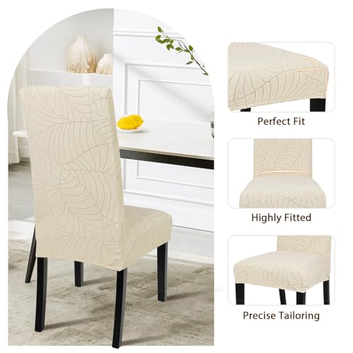 Image of SearchI Waterproof Dining Room Chair Covers Set of 4, Stretch Jacquard Parsons Chair Slipcovers Removable Washable Kitchen Chair Protector for Dining Room, Hotel, Banquet(Beige Leaf)
