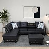 GlasFlength Modern Living Room Furniture Sets with Cup Holder, Modular Sectional Couches with Chaise Lounge, 4-Seaters L Shape Sofa with Storage Ottoman, for Living Room, Faux Leather, Black