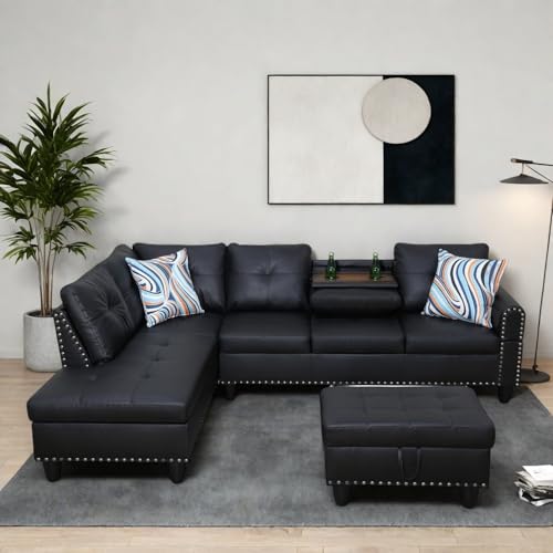 GlasFlength Modern Living Room Furniture Sets with Cup Holder, Modular Sectional Couches with Chaise Lounge, 4-Seaters L Shape Sofa with Storage Ottoman, for Living Room, Faux Leather, Black