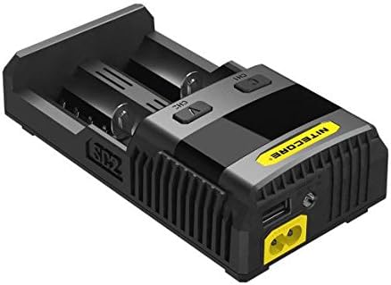 വശം view of the Nitecore SC2 charger, highlighting the power input and USB output ports.