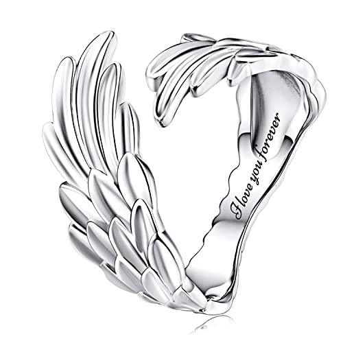 Anillo de plata 925, anillo de plata de ley 925 para mujer, anillo conmemorativo de plumas con alas de ángel ajustables, delicado anillo abierto para el pulgar en plata de ley