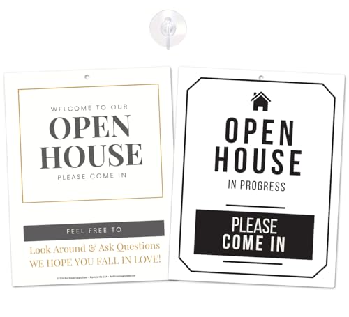 Open House in Progress Door Sign, Real Estate Supply, Double Sided 1 Sign - 2 Designs (Open House, 25 Pack with Suction Cups)
