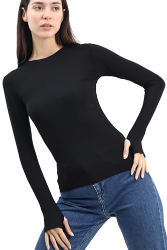 Re Tech UK - Women's Cotton Thermal Long Sleeve T-Shirt with Thumb Holes - Base Layer Running Top for Gym, Sports & Yoga - Black White Thermal Vest for Women UK, (Black, M)