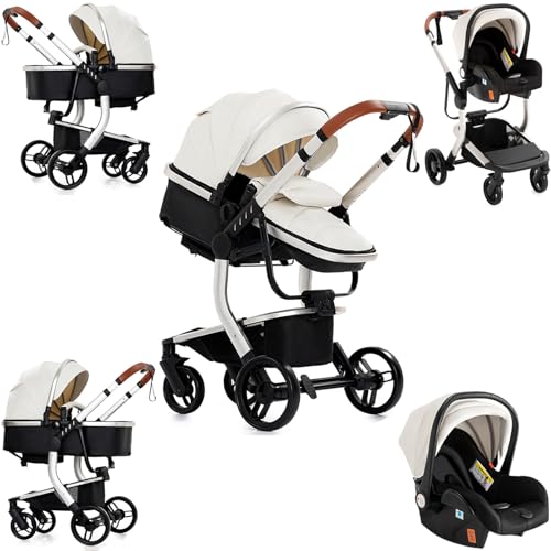 Sianldcone Cuir PU Poussette 3 en 1 Trio Bébé, Tissus de Haute Qualité Landau pour Bébé Poussée Bidirectionnelle Poussette Réversible, Vision Ouverte...