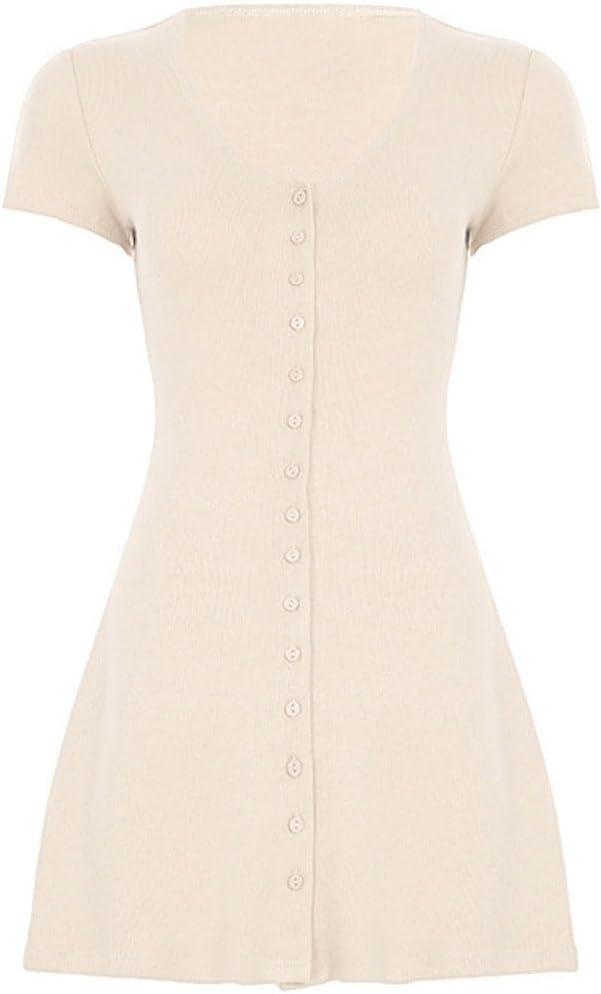 Women Sexy Deep V Neck Button Front Knit Mini Dress Elegant Short Sleeve Ribbed Flowy Hem A-Line Short Dress - Image 6