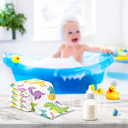 Image of Cartoon Dinosaur Baby Muslin Washcloths Cute Burp Cloths Soft Absorbent Baby Wash Cloth Fingertip Face Towels for Newborn Boys Girls 12 x 12 in, 5 Pack