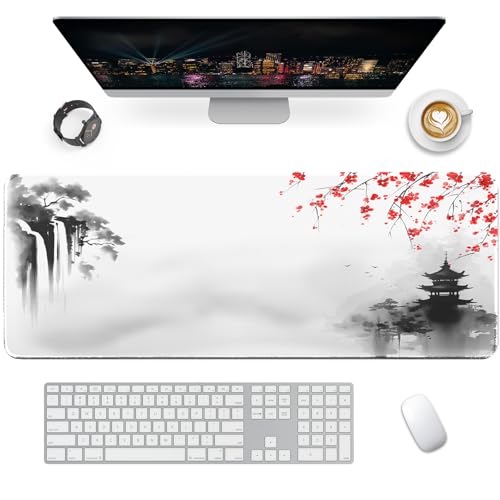 Giecy Tapis de Souris Gaming XXL Mousepad 800 x 300mm, Grand Tapis de Bureau sous Main avec Base en Caoutchouc antidérapante pour Gamer,Personnel de Bureau(Cascade Zen)