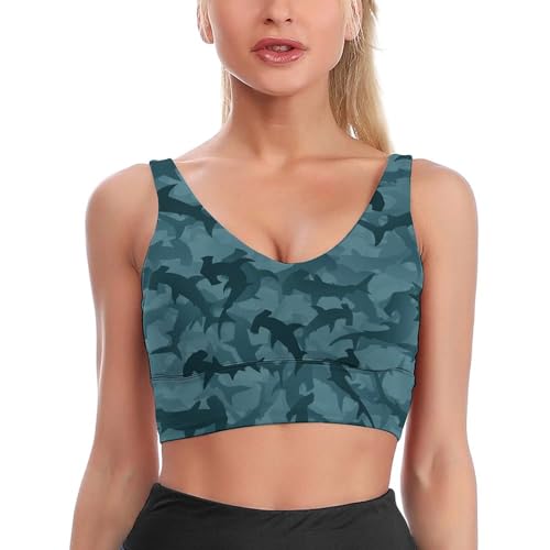 Image of Abstract Shark Pattern Yoga Tops Sports Bras for Women U Back Running Bra Workout Crop Tank Push Up XL