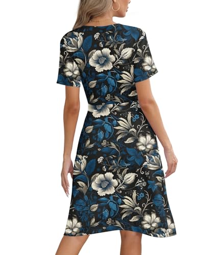 Image of KUOTAI Women's Summer Short Sleeve Casual Dresses Wrap V Neck Beach Outfits Party Flowy Dress with Pockets, Blue Leaf, X-Large