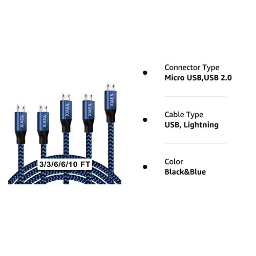 Micro Usb Cable,Xiae& 5Pack (3/3/6/6/10Ft) Nylon Braided Fast Charging Cable Aluminum Housing Usb Charger Android Cable For Samsung Galaxy S7 Edge S6 S5,Android Phone,Lg G4,Htc And More (Blue) #TOP6