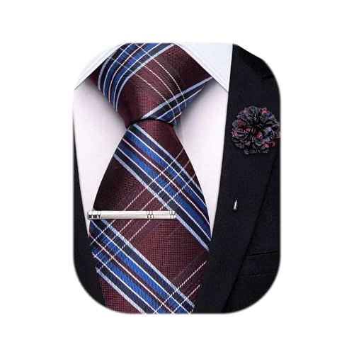 Image of Hi-Tie 63 inches Striped Paisley Extra Long Ties for Men Silk Necktie with Lapel Pin Tie Clip Big and Tall Men Formal Wedding