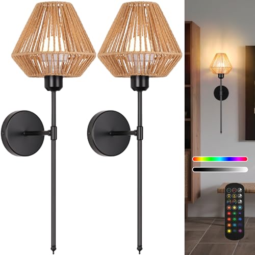 Image of Battery Operated Wall Sconces Set of 2,Rattan Rechargeable Wall Light Dimmable with Remote Control,15 Color Changing and Timer,Boho Black Gold Wall Lamps for Bedroom,Living Room