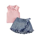 ZIXILOVGIR Toddler Baby Girl Summer Outfits Sleeveless Lapel Collar Ribbed Tank Tops Ruffle Jean Skirt Set...