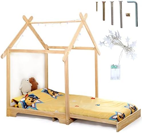 Dreams&Fantasy Montessori Bed for Toddlers, Kids House Bed Made from Solid Wood with Strong Tenon Structure, Baby Floor Bed for Kids, 2-Meters of LED Star Lights Included, Mattress not Included, Wood