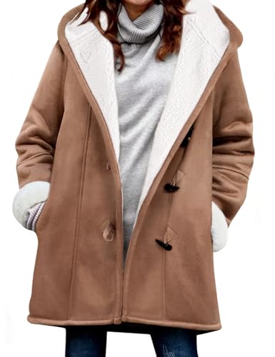 Yuson Girl Winterjacke Damen Lang Wintermantel Wildleder Fleecejacke Lose Winterparka Winter Warm Cardigan Outwear Einfarbig Kapuzenjacke mit Kapuze und Seitentaschen(Khaki,...
