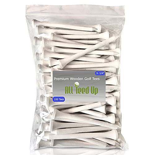All Teed Up 3¼ inch Pro Wood Golf Tees | 100 Count | Resealable Bag | Natural Sustainable Bamboo Material | Tall Golf Tees | Perfect for Every Tee Shot | White Wooden Tees
